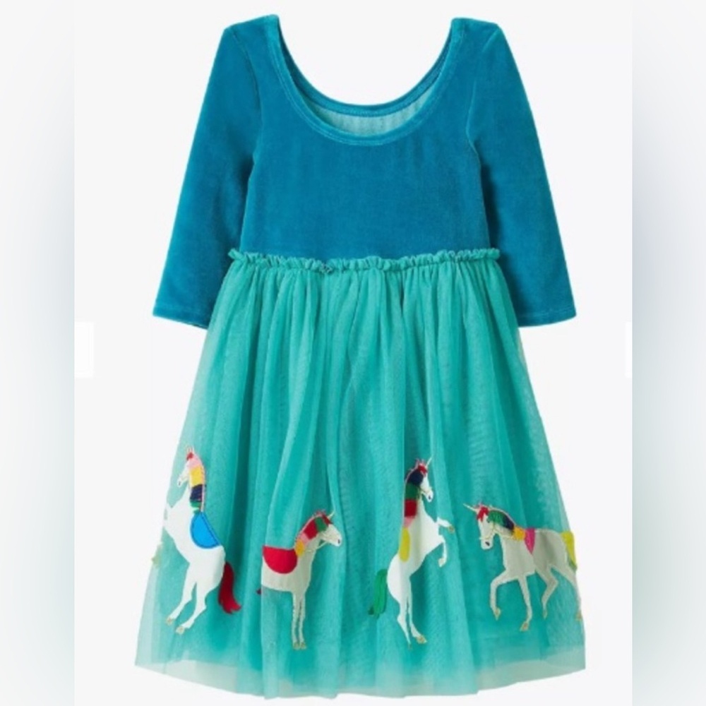 Mini Boden Teal Velvet Unicorn Party Dress Size 6-7Y
